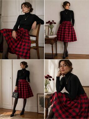 Like new Shabby Apple Chi Plaid Red Black Holiday Women's Skirt XS S 13 in waist